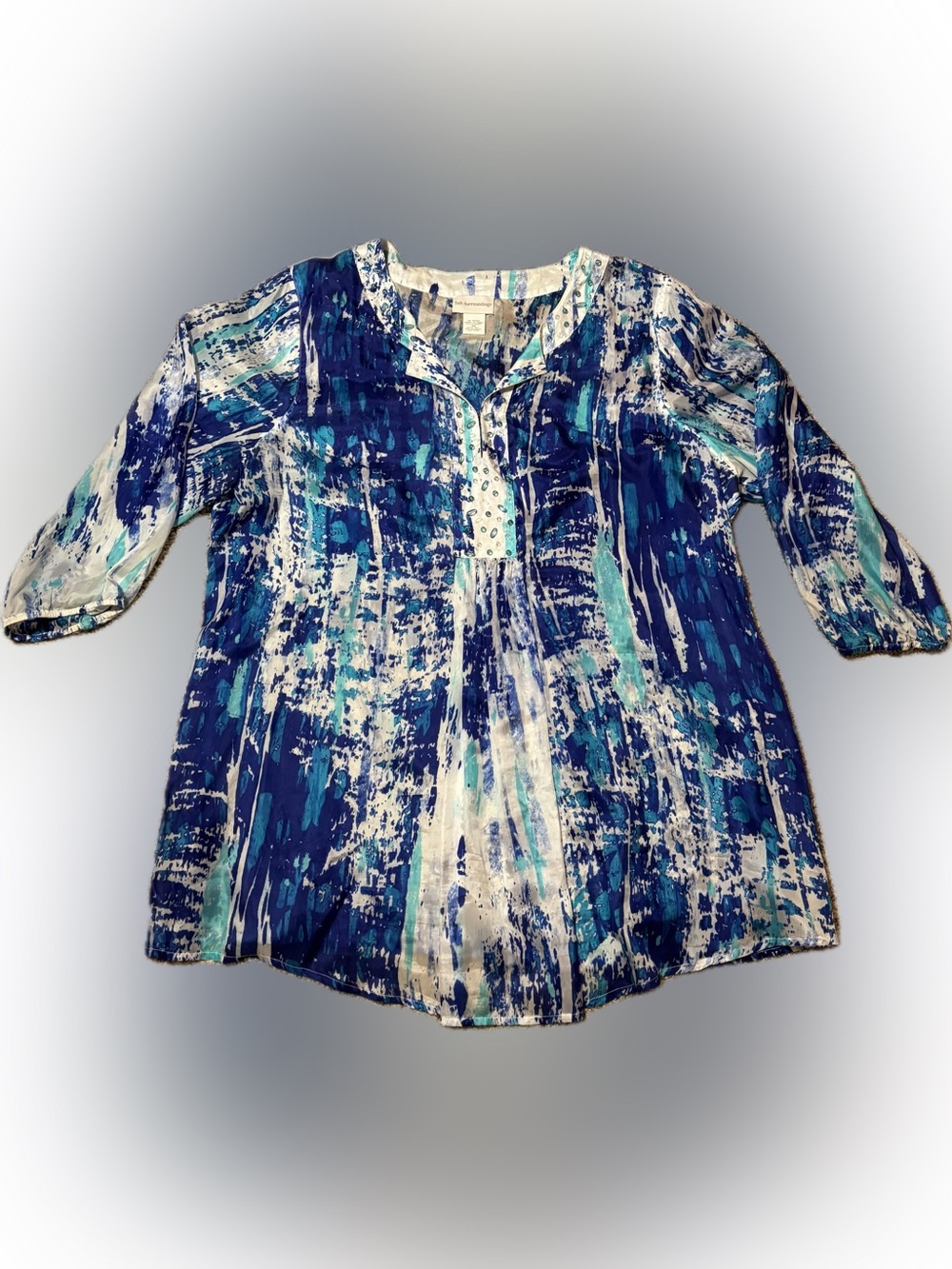 244 Soft Surroundings Blue Teal White Beaded Abstract Print Tunic, Size 1X